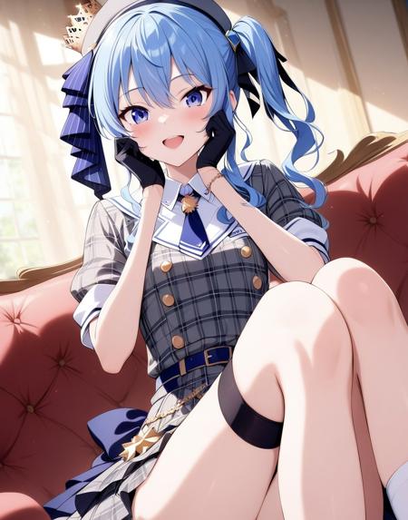  <lora:Hochimachi_fix_bg:1> blue hair, virtual youtuber, 1girl, blue eyes, looking at viewer, star (symbol), long hair, smile, bangs, gloves, side ponytail 1st_costume 3rd_costume 4th_costume 5th_costume 6th_costume 7th_costume 8th_costume new_year_costume_2020, kimono school outfit