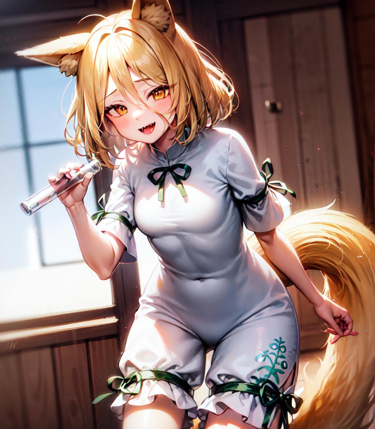 1girl, holding cylinder, Kudamaki Tsukasa, fox ears, only one fox tail, narrow hair between eyes, very long and very narro...