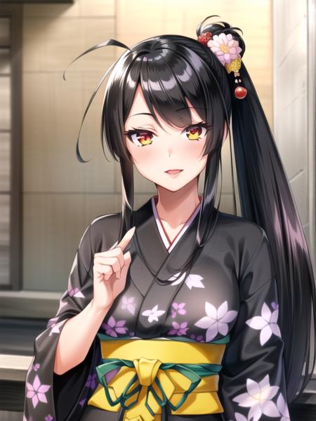 nijou,black hair,side ponytail, long hair,hoge,hair flower,black kimono,obi,floral print, 