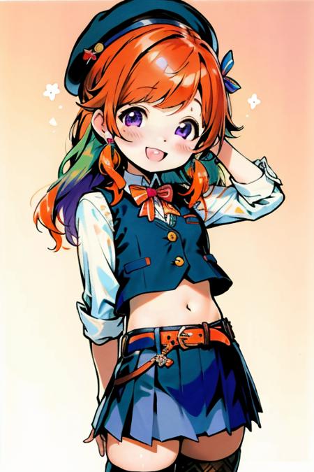 vest, miniskirt, thighhighs, beret, buttons, belt, midriff, :D, henreader-5e, takanashi kiara, hololive, purple eyes, long hair, orange hair, gradient hair, green hair, masterpiece, best quality, masterpiece, best quality