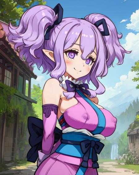 ceefore,  purple hair,  twintails,  purple eyes,   blush,   pointy ears, 
pink kimono, hair ribbon, elbow gloves, bare shoulders, 
upper body,   detached sleeves,  standing,   large breasts,  covered nipples, 
smile, arms behind back,  leaning forward, 
outdoors,   
(insanely detailed, beautiful detailed face, masterpiece, beautiful detailed eyes, best quality),
 <lora:ceefore:0.7>