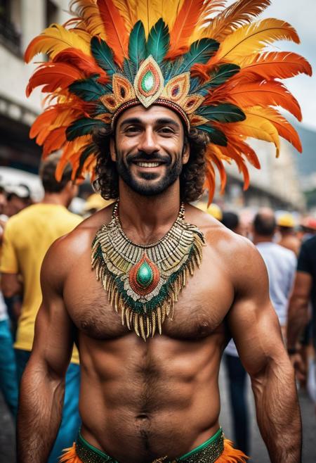 score_9, score_8_up, score_7_up, realistic, photo of a man, in public, surrounded by people, 30 year old italian male,  sexy male samba dancer, at Rio carnival parade, wearing carnival outfit, lots of jewellery, masculine, high details, moody, cinematic, face portrait, best quality, masterpiece, highly detailed, realistic, (detailed background), depth of field, soft focus, intricate details, 8k,muscled, huge bulge, diverse poses, diverse angle, hairy chested, hairy body, hairy legs, hairy arms, masculine, Feathered headdress