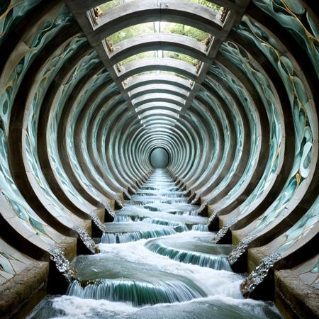 Smooth polished CHromium and precious stones covered sewer tunnel, raging water running through the botton canal designed with the golden ratio, M.C. Escher, and airy elven fantasy architecture, met and gave birth to something wondrous and overwhelming.