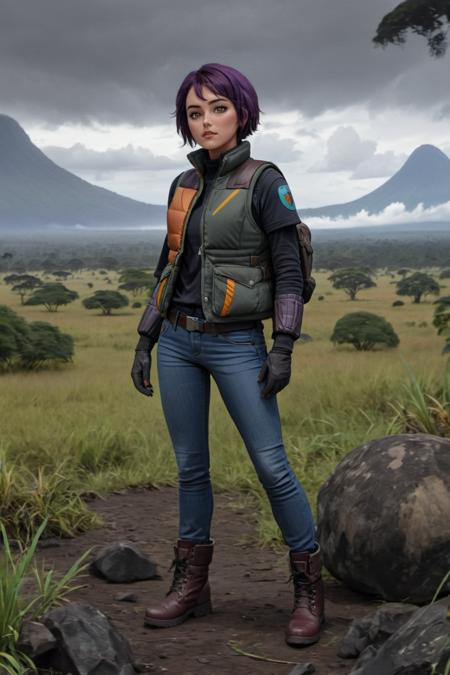 concept art sabine wren wearing puffer vest, long-sleeve top, jeans, and combat boots at virunga national park, democratic republic of congo, (agonizing writhing) <lora:Sabine_Wren:0.8>. digital artwork by stanley lau (artgerm), illustrative, painterly, matte painting, highly detailed