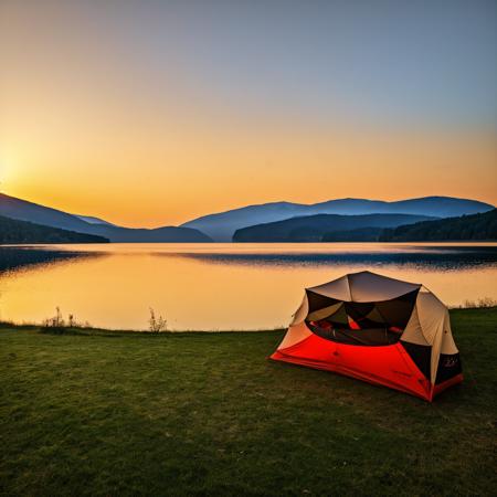 photograph, a bivouac, lake, Fujifilm XT3, Depth of field 100mm, art by P. Horst,masterpiece, best render, high res, best resolution, 4k, 8k, super great render, ((photorealistic)), great colors, <lora:Bike_trip-000006:0.8>