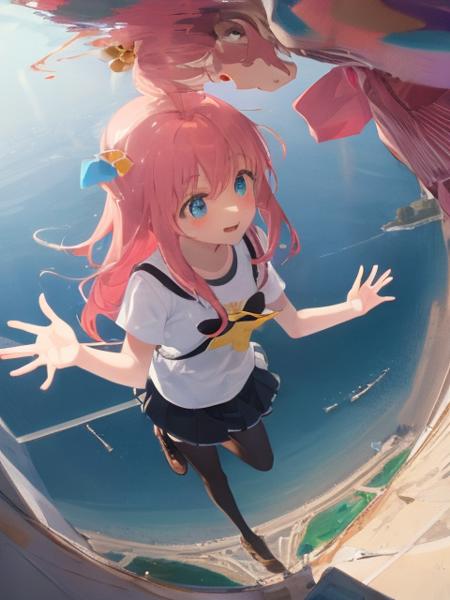 masterpiece,best quality,ultra-detailed, ray tracing,perfect lighting,(from above:1.2),Bshirt,cube hair ornament, gibson les paul,
1 girl,jumping, from below, 
reflection, <lora:BOKI:1>