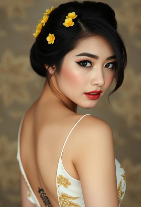 a gorgeous 25 years old asian woman, very pale skin, black very long hair in elegant updo with yellow flower hairpins, long black eyelashes, black mascara, black eyeliner define her big beautiful dark green eyes, golden glittering eyeshadow, luscious sensual pink glossy lips, rouge, sexy curves, big breasts, very long elegant white dress with golden flower pattern, turns her head at viewer elegantly, back floral tattoo designs, hides her nudity by showing only the back