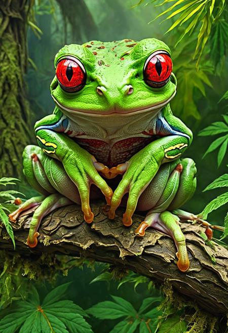 Full body shot, of a high on cannabis weed stoner Jamaican red-eyes tree frog with (red eyes and relaxing on a tree branch:1.6), (reggae:1.5), funny, red eyes from being high on weed, Rastafari,  beautiful art uhd 4 k, studio digital art, gorgeous digital art, 4k highly detailed digital art, photoshop art, karol bak uhd, artistic digital art, expressive beautiful portrait, amazing digital art, gorgeous, fantasy, stunning digital illustration, incredible digital art, beautiful digital artwork, (illustration:1.3),