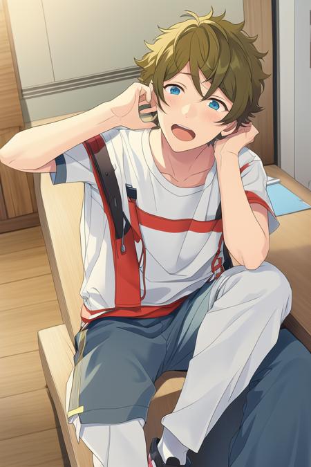 masterpiece, best quality, absurdres, cute, ultra-detailed, perfect anatomy, <lora:ensemble stars-000050:0.6>, indoors, takamine midori, ensemble stars, solo, open mouth, blue eyes, brown hair, 1boy, male focus