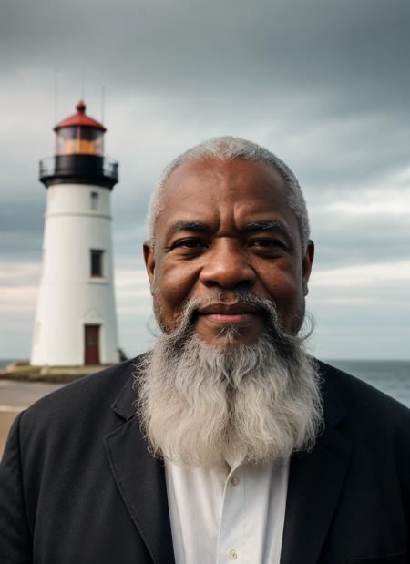 portrait of an old black man, lighthouse keeper, fussy white beard, high detailed skin, skin wrinkles, coastline, lighthouse, overcast weather, wind, waves, 8k uhd, dslr, soft lighting, high quality, film grain, Fujifilm XT3