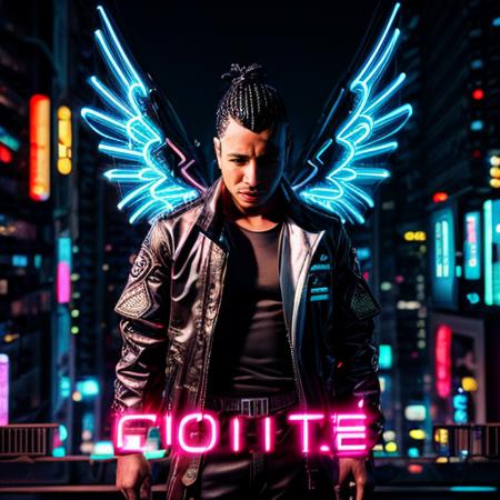 1man, solo, masculine, cute, gangster, illuminated ghetto, single male, braided black hair, handsome, white military gear, white body armor, blurry, blurry background, neon city, cyberpunk, cyberpunk style, (angel with huge white folded wings), brown-skinned male, brown skin, hair men's style braids, arms crossed, white jacket, male focus, mohawk, neon lights, night, solo focus, (fiber optic neon clothes)
<lora:sdxl_cyberpunk:0.65<lora:sdxl_cyberpunk:1.0>