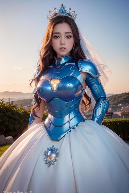 <lora:betterCuteAsian03:0.3>, (wearing wedding princess dress, big wedding skirt:1.2),(wearing blue irongirl_suit:1.2), sunset,
good hand,4k, high-res, masterpiece, best quality, head:1.3,((Hasselblad photography)), finely detailed skin, sharp focus, (cinematic lighting), night, soft lighting, dynamic angle, [:(detailed face:1.2):0.2], medium breasts, outside,   <lyco:irongirl_wedding_suit-10:0.35>