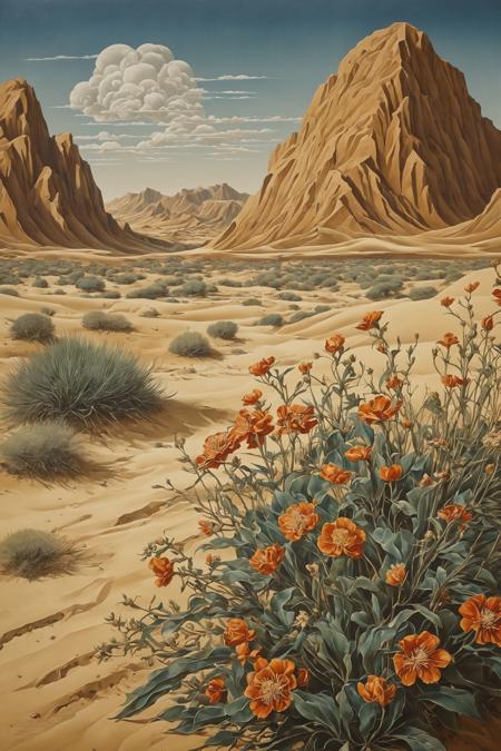 dieselpunk desert, shin hanga oil painting, floral,fine brushtrokes,dreamy,intricate,highly detailed