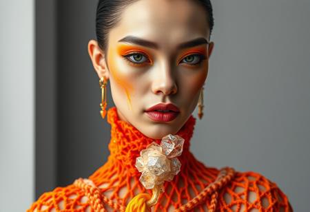 Art Direction for a poster. 8w Create high-fashion with an Android model. image inspired by both volcanic lava and natural crystals, Generate visuals of couture garments with vibrant colours, featuring intricate lattice structures crafted using 3D printing techniques, monochromatic background, and avant-garde aesthetic.