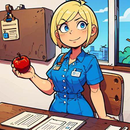 woman, blue blouse with pocket, buttons, id card badge, short blonde hair, blue eyes, sitting, holding red apple, wooden desk, hand on papers, cup with red pen on desk, chair, from front, blush, blue wall, wooden panels, window, cityscape, tree <lora:woman_with_apple_01-000006:1>