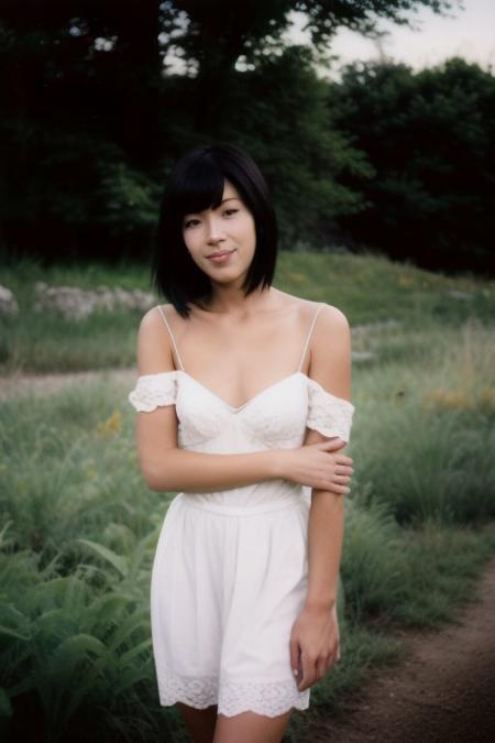 An 18-year-old young Korean woman, <lora:pornpolaroidphoto_V2:0.8> braided hair ,dressed in Off-Shoulder Sundress, standing in a rustic farm setting. She has a soft, gentle smile, expressive eyes and sexy cleavage. The background features a charming barn, fields of golden wheat, and a clear blue sky. The composition should be bathed in the warm, golden hour light, with a gentle depth of field and soft bokeh to accentuate the pastoral serenity. looking at viewer, Polaroid SX-70,pornpolaroidphoto style, (((exposing legs))), long legs, beautiful legs