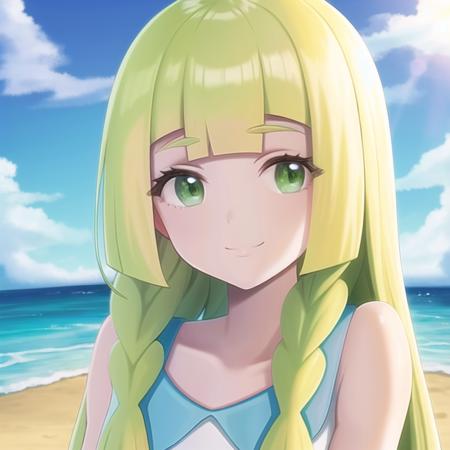 <lora:character_pokemon_lillie_v4:0.7> beach, 1girl, character_pokemon_lillie, solo, (portrait), looking at viewer, green eyes, smile, twin braids, dress