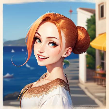 a medium color portrait of tfftgirlv05 wearing a blouse on a greek island smiling, (bun)