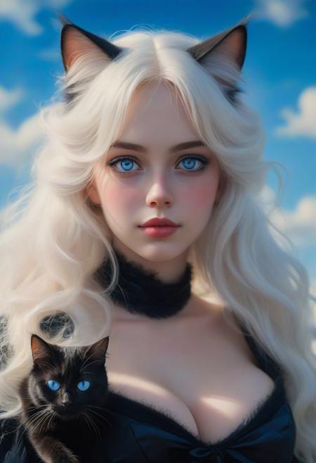 Impressionist painting, closeup of a felicia hardy with  long white hair, black cat costume, fur lined bodice, big blue eyes, gigantic breasts, bimbo,  innocent, cute, beautiful face, aesthetic bokeh blue sky background. Loose brushwork, play of light and shadow,  masterpiece, award winning,
