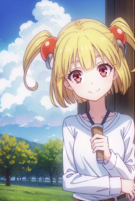 pattythesummer, <lora:patty the summer-lora-nochekaiser:1>,
patty the summer, short hair, blonde hair, (red eyes:1.3), twintails, two side up, hair ornament, smile,
BREAK shirt, (white shirt:1.5),
BREAK outdoors, forest, nature, sun, sky, clouds,
BREAK looking at viewer, (cowboy shot:1.5),
BREAK <lyco:GoodHands-beta2:1>, (masterpiece:1.2), best quality, high resolution, unity 8k wallpaper, (illustration:0.8), (beautiful detailed eyes:1.6), extremely detailed face, perfect lighting, extremely detailed CG, (perfect hands, perfect anatomy),