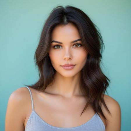 A realistic portrait of a young woman with long, dark brown hair, slightly tousled and cascading over her shoulders. She has a relaxed and slightly tilted pose, gazing past the camera with a soft, thoughtful expression. Her makeup is minimal, emphasizing natural beauty with a hint of dark eyeliner. She wears a light gray tank top with thin straps that subtly highlight her collarbone and shoulders. The background is softly blurred with a light teal wall, suggesting an indoor setting. Lighting is soft and natural, creating a gentle contrast that adds depth to her features while casting subtle shadows. The image is framed from the shoulders up, with the focus on her face and upper body, capturing a casual and introspective mood.