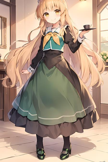 <lora:LoRA_Shiraki_Hime:1>, Shiraki Hime, 1girl, long hair, blonde hair, maid cafe, green dress, black skirt, black footwear, smile, dress,  shoes, standing,