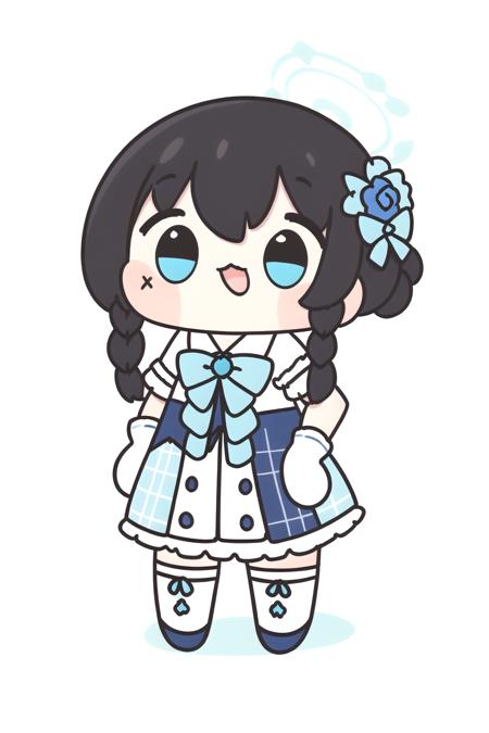 <lora:clearhead:1>, 1girl, solo, virtual youtuber, blue eyes, gloves, skirt, white gloves, white background, smile, bow, short sleeves, open mouth, black hair, flower, full body, hair ornament, looking at viewer, idol clothes, blue flower, braid, blue socks, puffy short sleeves, blue bow, simple background, frills, puffy sleeves, feathers, standing, bangs, kneehighs, :d, socks, blue rose, braided bangs, rose, ribbon, frilled skirt, hair bow, boots, white footwear, medium hair, plaid, plaid skirt