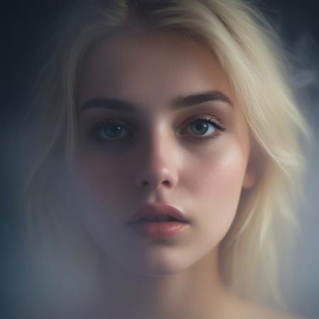 Beautiful blonde Young woman, 20 years old, cute face , moody, hazy, foggy, neon lights break through the dense fog, artsy, pop album cover shot, graphic design background, close up on woman's face