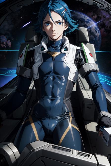 hayate immelmann\(macross delta\), solo, 1boy, looking at viewer, male focus, blue eyes, hair behind ear, bodysuit, holding lever, steering, control, pilot suit, space, cockpit, <lora:Hayate_Immelmann_No_commercial_use_is_allowed_LoRA:0.5>