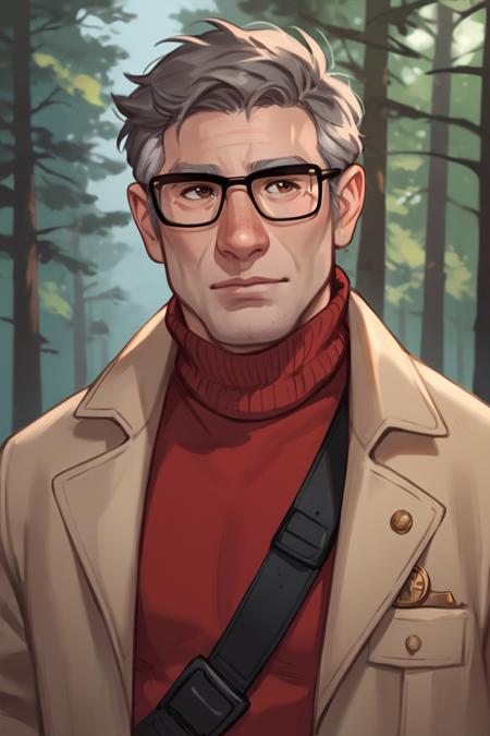 score_9, score_8_up, score_7_up, score_6_up, score_5_up, score_4_up, fordpines, 1boy, solo, male focus, mature male, old man, upper body, short hair, grey hair, brown eyes, thick eyebrows, glasses, black-framed eyewear, facial hair, stubble, sideburns, open clothes, beige coat, red turtleneck sweater, standing, outdoors, forest <lora:Stanford (Ford) Pines SDXL_LoRA_10r_10e_32i_nr32_a16_Pony Diffusion V6 XL:0.7> <lora:Smooth Anime Style LoRA XL:0.7>