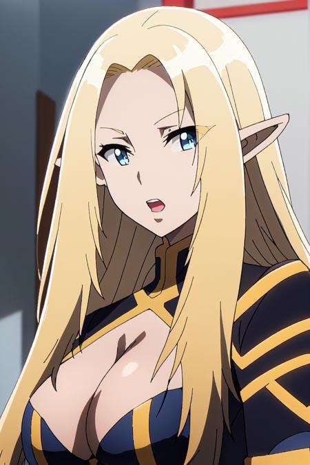 alph, black-yellow bodysuit, bodysuit, 1girl,  solo,  blue eyes,  blonde hair,  pointy ears,  long hair,  breasts,  elf,  cleavage,  looking at viewer,  upper body,  cleavage cutout,  open mouth,  anime coloring,  clothing cutout
high quality, best quality, ultra detailed, masterpiece, <lora:EMS-55222-EMS:0.800000>