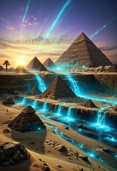 (by Ellen Jewett:1.5), (Bioluminescent Impressionism, Egyptian landscape, The Dreamland, Egyptian desert, sand, rock, great pyramids, fine pyramids, smooth pyramids, techno pyramids with great beams of light shooting up into the sky,  sky sunset, sunrise ,waterfall, ethereal landscapes, depth of field, biotech emotion:1.3)
