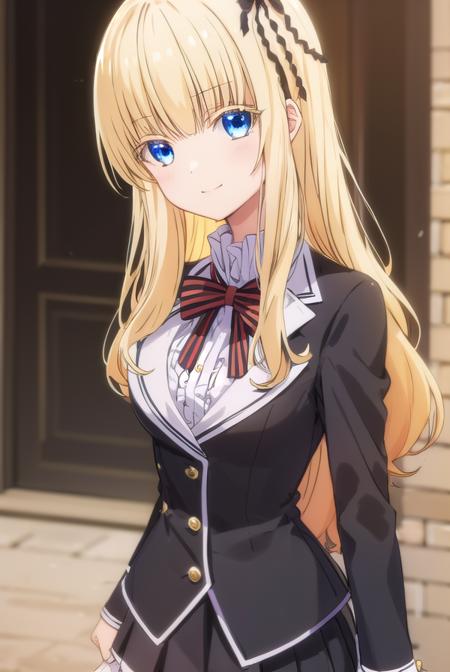 julietpersia, <lora:juliet persia s1-lora-nochekaiser:1>,
juliet persia, long hair, bangs, blue eyes, blonde hair, black ribbon, black bow, hair ribbon, hair bow, smile,
BREAK skirt, shirt, thighhighs, long sleeves, school uniform, jacket, white shirt, pleated skirt, shoes, striped, miniskirt, bowtie, black skirt, red bow, zettai ryouiki, black ribbon, garter straps, blazer, (white jacket:1.5), striped bow, striped bowtie,
BREAK indoors, classroom,
BREAK looking at viewer, (cowboy shot:1.5),
BREAK <lyco:GoodHands-beta2:1>, (masterpiece:1.2), best quality, high resolution, unity 8k wallpaper, (illustration:0.8), (beautiful detailed eyes:1.6), extremely detailed face, perfect lighting, extremely detailed CG, (perfect hands, perfect anatomy),