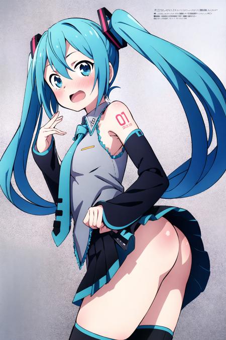 masterpiece, best quality, hatsune miku, 1girl,aqua hair,aqua necktie,ass,black skirt,black sleeves,blush,boots,detached sleeves,grey shirt,hair ornament,long hair,looking at viewer,necktie,number tattoo,open mouth,pleated skirt,shirt,skirt,sleeveless,sleeveless shirt,solo,tattoo,thigh boots,thighhighs,twintails,very long hair, <lora:2020s-anime-magazineV4:1>