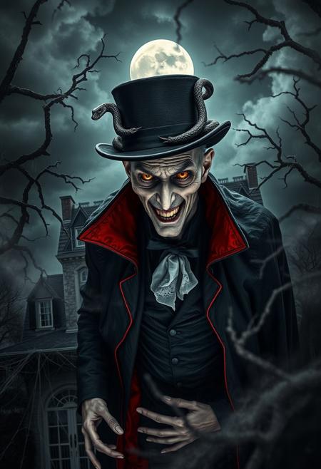 Overhead bird’s-eye view shows intense dramatic weather surrounding a tall, gaunt figure in tattered black Victorian attire, crimson-lined cape, serpent-adorned top hat, and ghostly pallor. Sunken eyes glow, a cruel grin on a pointed chin, before a cobweb-covered mansion under a low full moon, gnarled branches reach. Stormy skies.