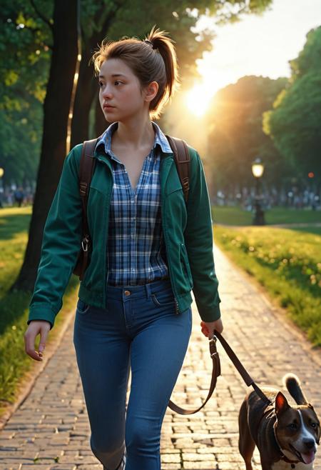 a young european woman, chubby, oval face, brown round eyes, snub nose, double chin, small lips, short brown hair, ponytail,
tight jeans, blue and white plaid shirt, green jacket, walking her dog, sunny afternoon, city park,
dynamic angle, hot summer evening, sunset, golden hour,
shallow depths of field,, masterpiece, 8k, ultra high res, ultra high detail, best quality, ultra detailed, realistic, highly detailed, trending artstation, award winning photograph by annie leibovitz, closeup photo, realistic, greg rutkowski, michael bayardashida, gustave dore alphonse, much craig mullins, matte painting, eugene de blake, cinematic, studio lighting, hyperrealistic, depth of field, bokeh, dof, beautiful, detailed, intricate, elegant, extremely smooth, digital illustration, epic conceptart, rendering, misty light, novel cover artwork, octane render, pixiv contest winner, yusuke murata,