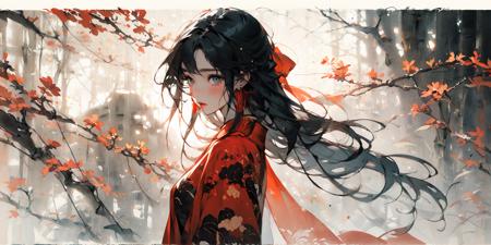 (masterpiece:1.2), best quality,PIXIV,Chinese ink painting,ink wash painting,cowboy shot, 
1girl, long hair, jewelry, solo, earrings,black hair,red cloth,
 <lora:Chinese ink painting_20230725220724-000018:1>