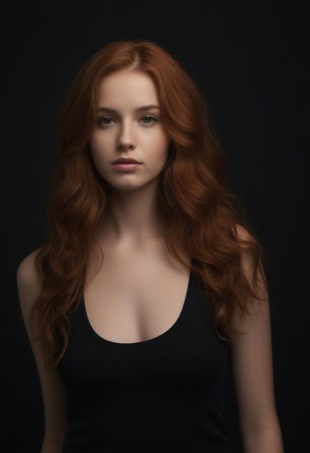 The image is a portrait of a young woman with long, wavy red hair. She is wearing a black tank top and is standing in front of a black background. The woman is looking directly at the camera with a serious expression on her face. Her hair is styled in loose waves and falls over her shoulders. The lighting is soft and dramatic, creating a dramatic effect. The overall mood of the image is sensual and alluring.