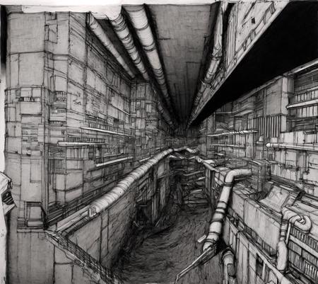 masterpiece, best quality, no humans, greyscale, building, industrial pipes,  rendering, traditional media, scenery,  <lora:Blame8ep5r159i-000005:0.7>