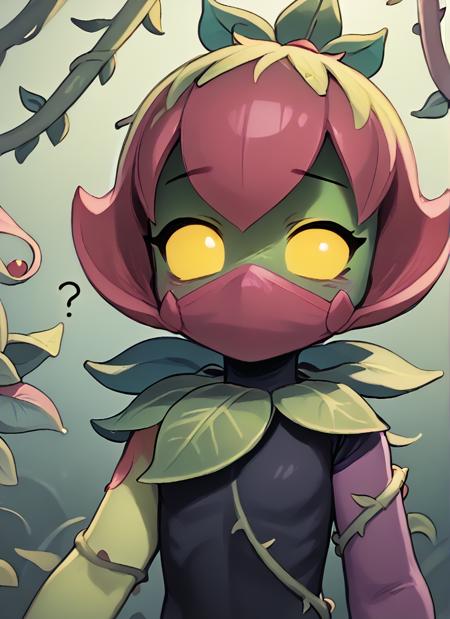 bslily 1girl  green skin ,  yellow eyes,  shaded face,   no mouth, pink hair , shaded face, ,pink mouth mask, plant girl , ,sleveless  , black bodysuit  ,  Vines , asymmetrical sleeves,  purple sleeve  ,  cape, 