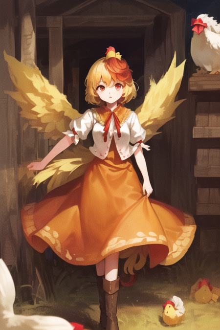 1girl, (((detailed eyes))), (((perfect face))), (((Solo))), ((detailed field, withered grass, white grass, higanbana, lycoris radiata)), ((Kutaka Niwatari, touhou)), ((red eyes)), ((light yellow hair, red hair extension, short hair)), ((light yellow wings)), ((light yellow feathery tail)), ((orange dress)), ((white jacket)), ((orange puritan collar)), ((red ribbon)), ((brown boots)), smiling, ((looking at viewer)), ((standing))