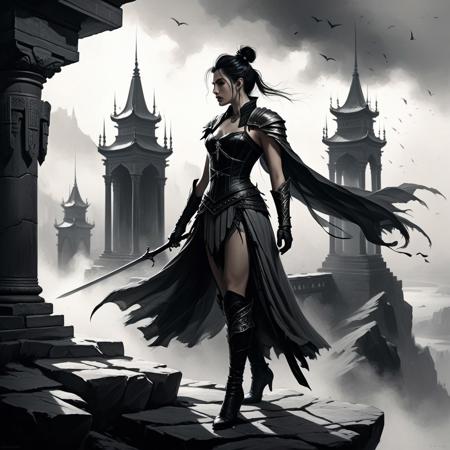 A dramatic fantasy digital painting of Morrigan, female elementalist mage, standing in profile on a rocky cliff edge, looking into the distance. She has dark hair styled in a high bun and wears a form-fitting dark leather corset armor that blends with the shadows, making it subtly visible. Her lower body is clothed in a dark, skirt-like garment that flows and flutters dramatically in the wind. She wears dark leather armored gloves extending to her elbows with claw-like fingertips.
The background features misty, atmospheric architectural structures - columns or towers rendered in soft gray tones that fade into fog. The lighting uses strong chiaroscuro technique with dramatic light-dark contrasts. The color palette is muted and consists primarily of grays, browns, and warm ochre tones creating a melancholic, mysterious atmosphere.
Art style: Digital concept art similar to video game artwork, painted with soft brushstroke techniques and sfumato-like blending. The composition should have cinematic, romantic realism qualities with layered depth and atmospheric perspective. The wind effect should be prominent, showing fabric movement and creating dynamic energy in the scene. Overall mood: epic, mysterious, and dramatically lit fantasy art.
realisticvision-negative-embedding, xiangao, monochrome