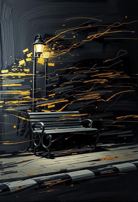 A hyper-stylistic, extremely detailed image depicts a breathtaking painting, crafted from a combination of smeared black and gold metallic paint. An Park bench and a lone street light at night is captured in a streaked motion, as if it is moving rapidly in one direction. The black paint is applied in bold, dynamic strokes, creating a sense of energy and movement that is contrasted beautifully by the golden accents. The gold paint is used to highlight the bench and street lights features, adding a sense of depth and dimensionality to the image. The overall effect is one of breathtaking, surreal dynamism, as if the viewer has captured a fleeting moment in time. Every detail of the image is meticulously crafted, from the delicate, swirling patterns of the gold paint to the intricate, textured patterns of the black paint. The contrasts between light and dark, color and texture, create a sense of tension and energy that draws the viewer in, inviting them to explore the kinetic world of the painting. highest-Quality, intricate details, visually stunning, Masterpiece