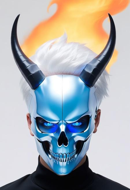 Hellaine Style, solo, short hair, blue eyes, 1boy, upper body, white hair, male focus, horns, teeth, from side, gradient, gradient background, profile, mask, glowing, fire, skull, blue fire, burning, skull mask, masterpiece, best quality
