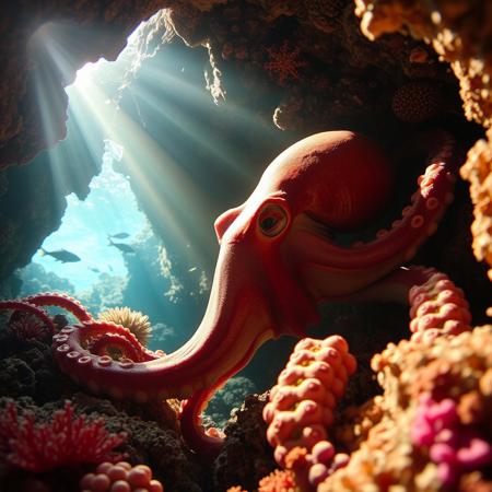a very detailed close picture of an octopus near an underwater cave ,sunlight pasing throw water, carl reef , colorful fishes