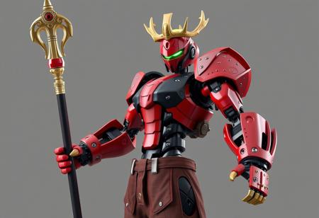 Create a highly detailed, lifelike 3D render of a robot wearing a bone crown and holding a staff, inspired by Jiro Yoshihara's style. The robot should be dressed in casual streetwear with a red and black paint scheme. Incorporate the golden ratio in the composition. # Context Generation Use Boku no Hero Academia as a reference for the hero action pose and incorporate elements of streetwear fashion. Consider the work of Fan Qi and the aesthetics of badgers. # Output Format Produce a 4K resolution image with a gray background, rendered in Unreal Engine 5 using Octane Render. The output should be in the style of ArtstationHD, with a focus on luminous details. # Examples [Input] Robot wearing a bone crown and holding a staff, with a red and black paint scheme. [Output] A highly detailed, lifelike 3D render of the robot in a hero action pose, with a focus on streetwear fashion and the golden ratio.