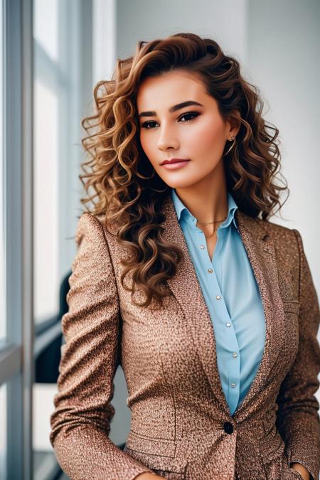 A stunning intricate full color portrait of a 18 year old beautiful woman,wearing a formal business suit, in a office, having fun, epic character composition,by ilya kuvshinov, alessio albi, nina masic,sharp focus, natural lighting, subsurface scattering, f2, 35mm, film grain , curly hair, portait, closeup, very detailed skin texture <lora:Draghixa:1>