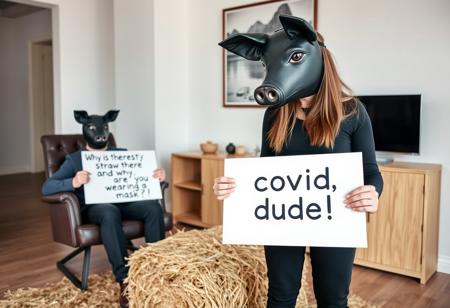 a man sits on a chair wearing a black latex pig mask, in front of him lies a bale of hay in a modern room while an  woman stands in front of him and holding a sign showing "why is there straw there and why are you wearing a mask?". while he holds a sign shown "covid, dude !"