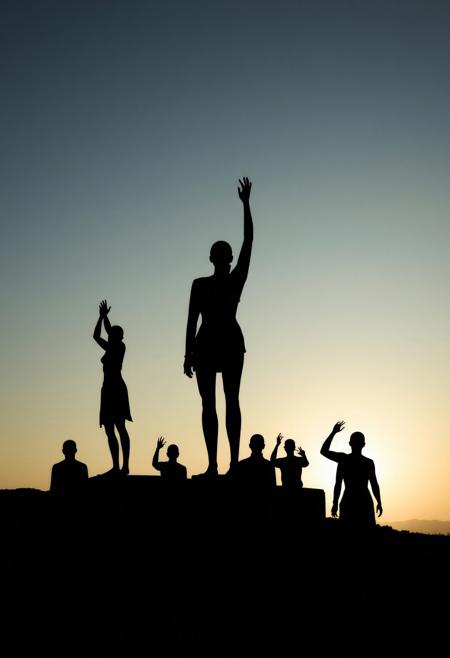 eerie sculpture, faceless human figures, abstract silhouettes, reaching upward, unsettling atmosphere, liminal space, open sky, dreamlike, unsettling, dramatic shadows, minimalist, isolated setting, surrealism, (ominous lighting:1.3), quiet tension, photorealism, high resolution, (liminal:1.5), disturbing mood