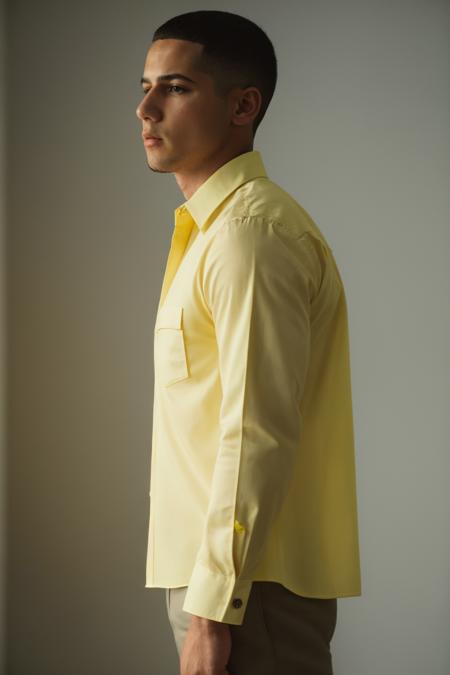 RAW photo, (low angle shot) photo of man jordan_torres wearing yellow closed buttoned up haute couture Givenchy shirt standing at the end of a fashion runway with hands in his pockets, <lora:Jordan_Torres-10:0.8>, 8k uhd, dslr, soft lighting, high quality, film grain, Fujifilm XT3